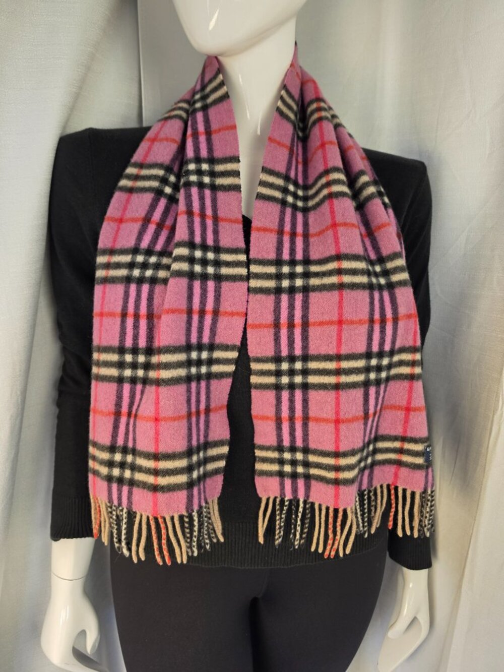 Vintage Burberry Fringe Pink and Black 100% Cashmere Scarf Made in England